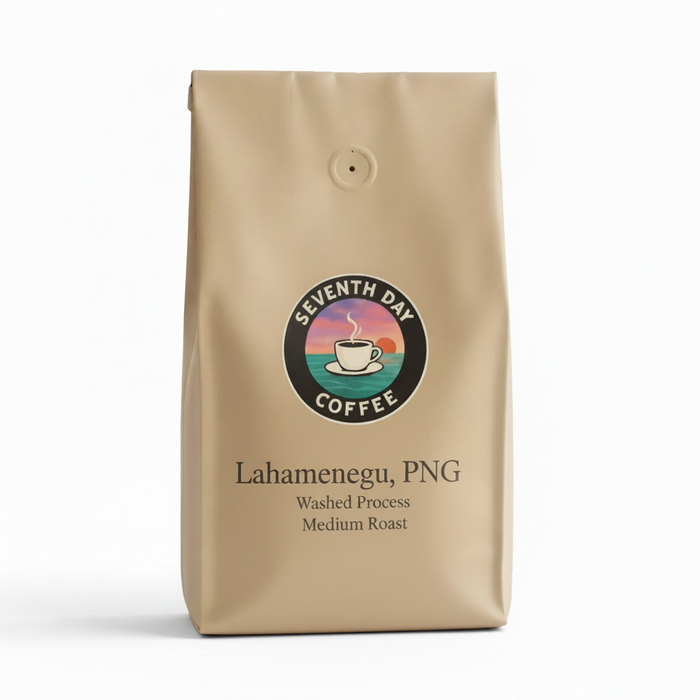 Lahamenegu Peaberry PNG coffee bag with revised logo and label